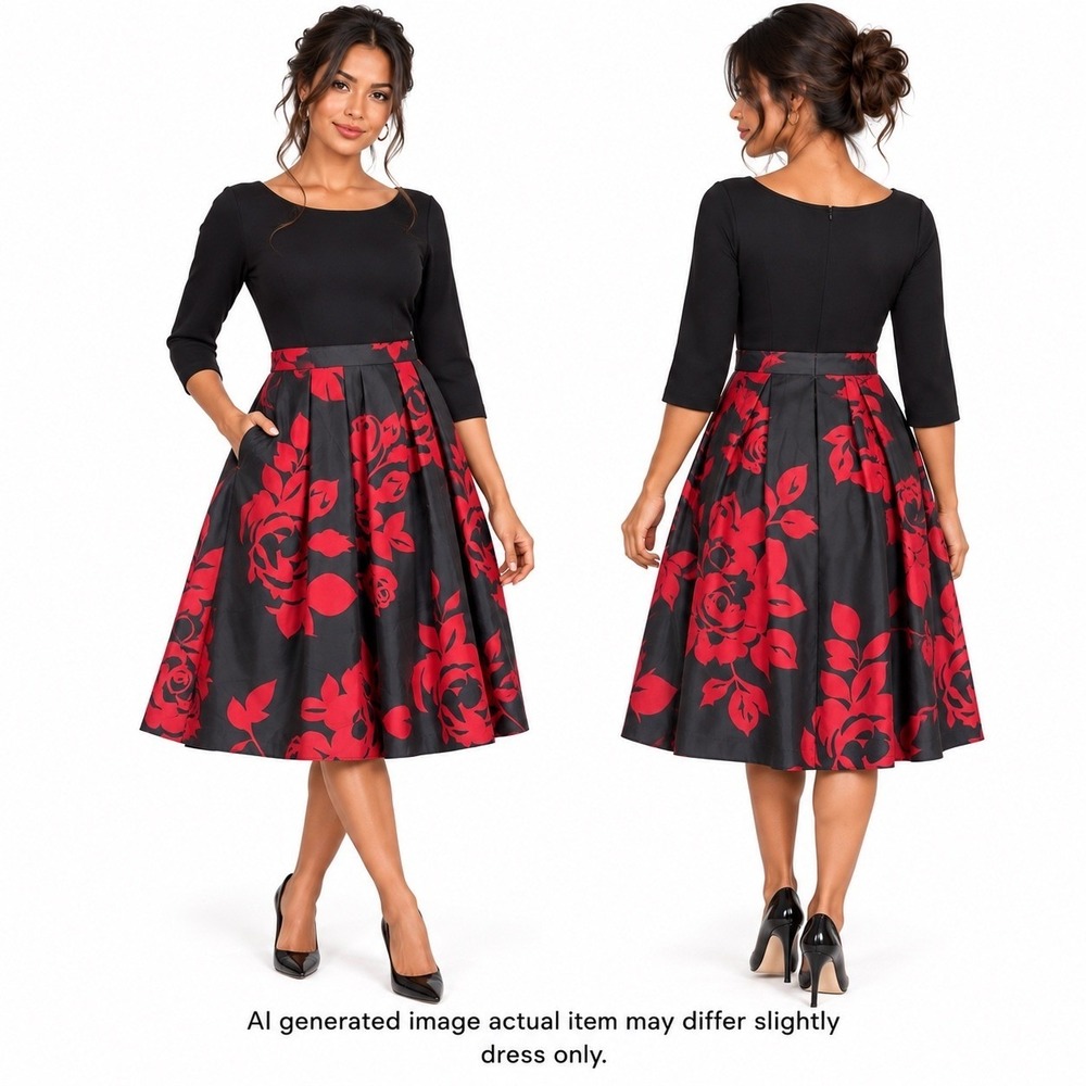 Black Red Rose Floral Midi Dress Women L Fit Flare Retro Rockabilly Swing